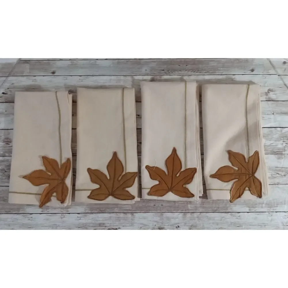 Williams Sonoma Leaf Applique Dinner Napkins Cotton Cream Autumn Fall